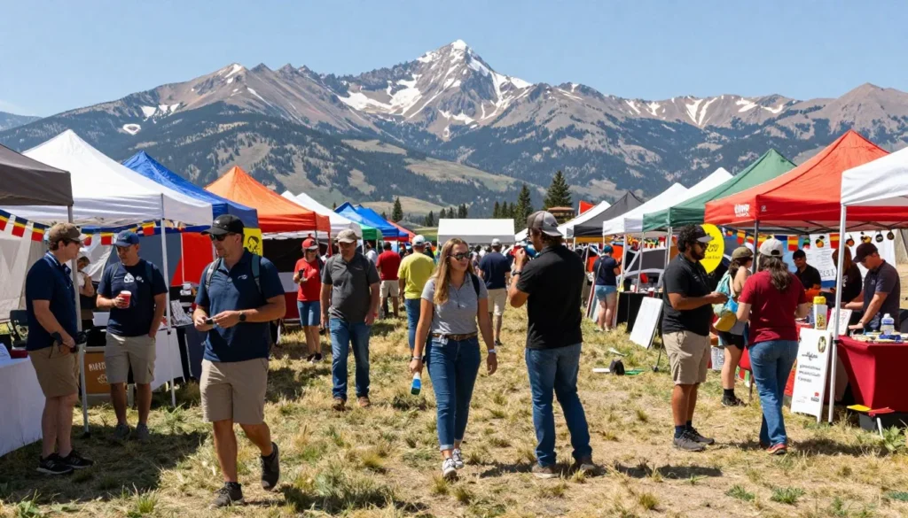 Diverse group of happy visitors enjoying outdoor festival activities in Manitou Springs with colorful decorations and mountain backdrop