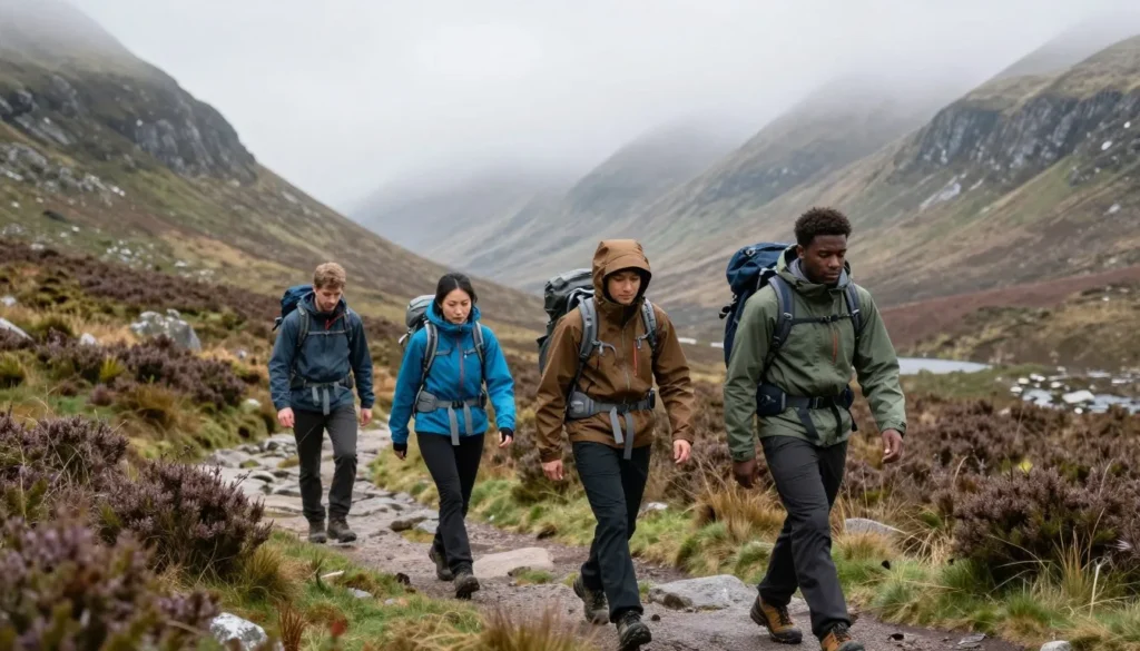 Diverse group of hikers in waterproof clothing exploring Glenveagh National Park trails