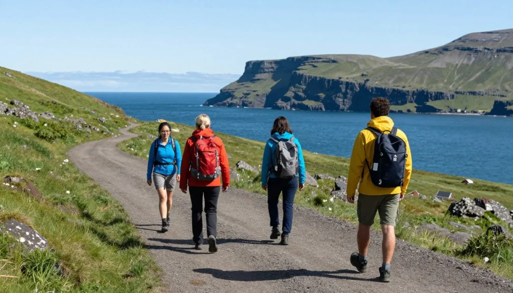 Diverse group of hikers on coastal trail with ocean views and mountains on Snaefellsnes Peninsula