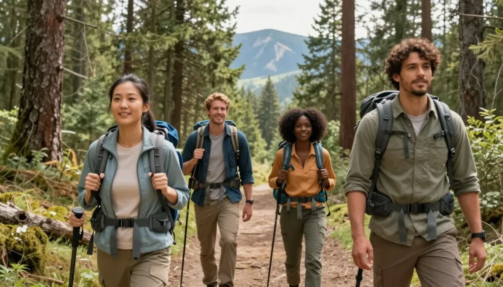 Diverse group of hikers on forest trail Diverse group of hikers on forest trail