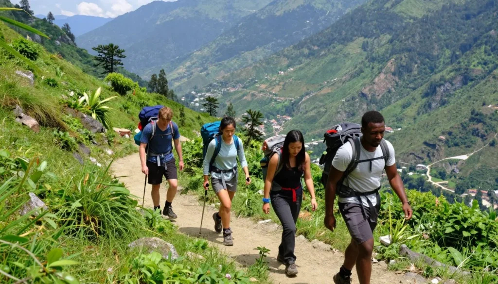 Diverse group of hikers on mountain trail near Gangtok with scenic valley views