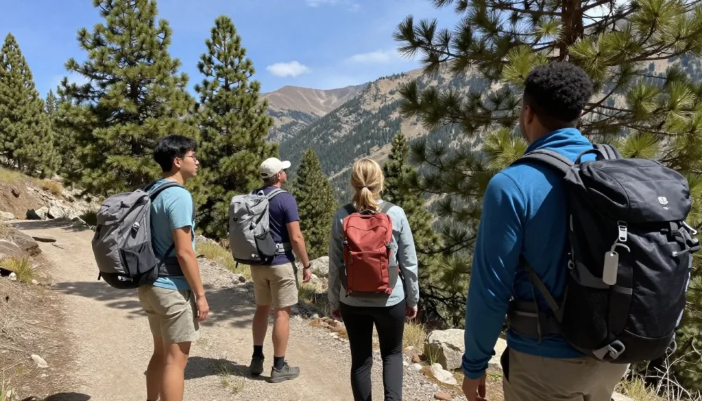 Diverse group of hikers on mountain trail with backpacks enjoying scenic views Diverse group of hikers on mountain trail with backpacks enjoying scenic views