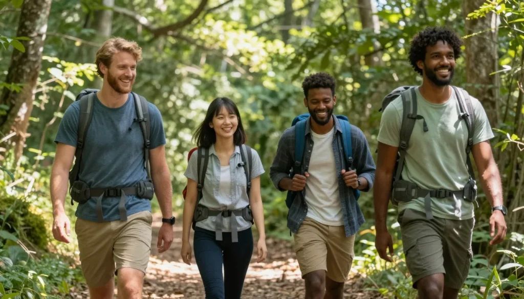 Diverse group of hikers walking on forest trail toward Catawba Falls in North Carolina Diverse group of hikers walking on forest trail toward Catawba Falls in North Carolina