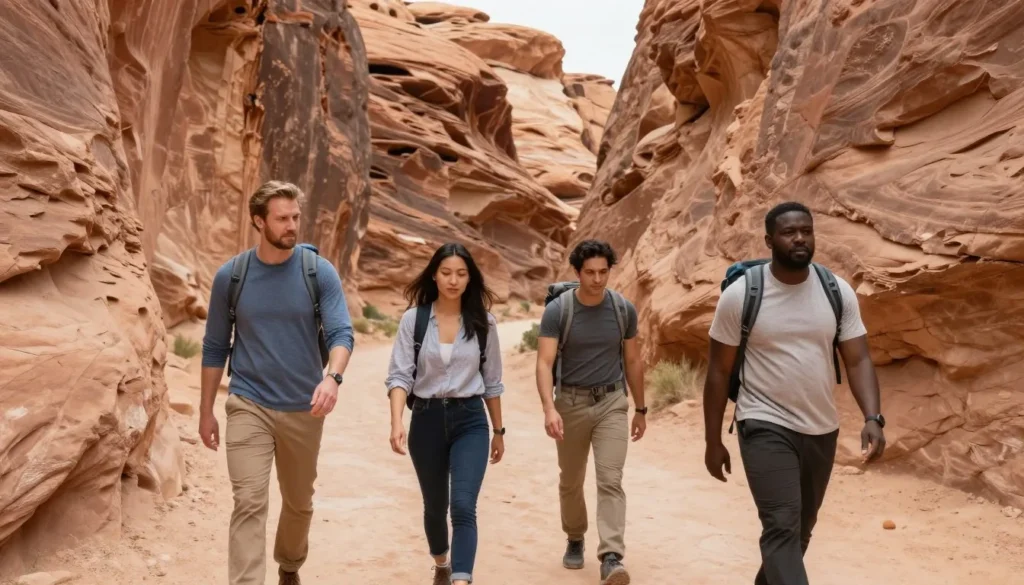 Diverse group of hikers walking through desert canyon with red rock walls