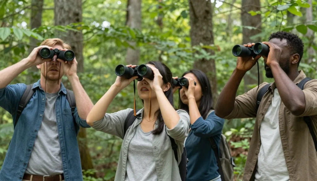 Diverse group of nature enthusiasts observing wildlife with binoculars Diverse group of nature enthusiasts observing wildlife with binoculars