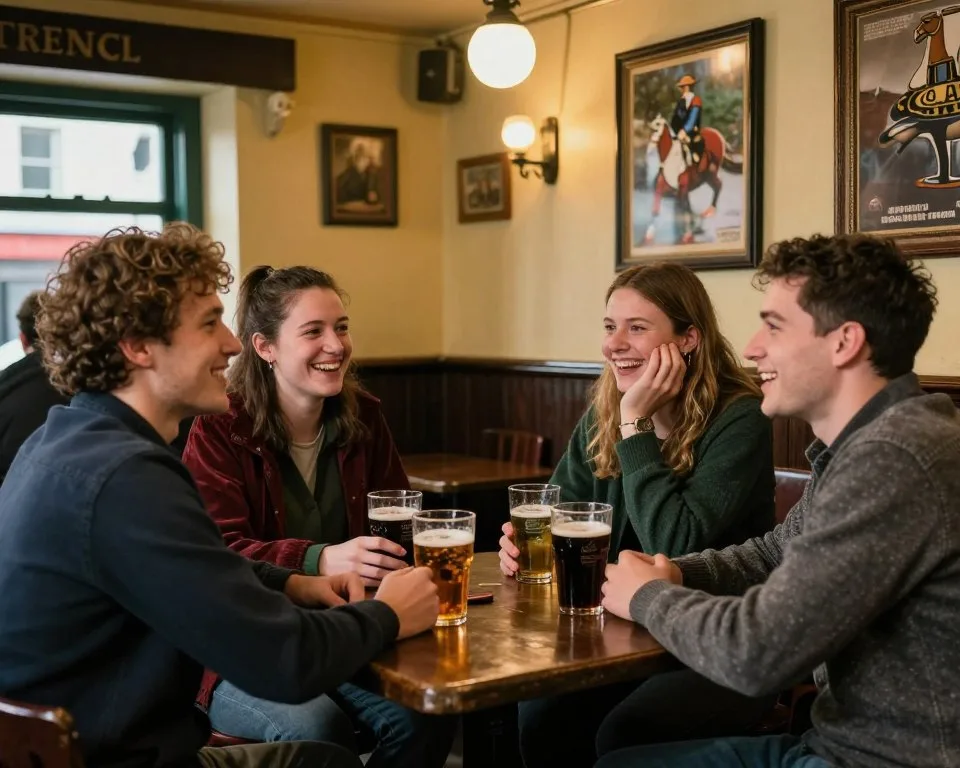 Diverse group of people chatting and laughing in traditional Irish pub Diverse group of people chatting and laughing in traditional Irish pub