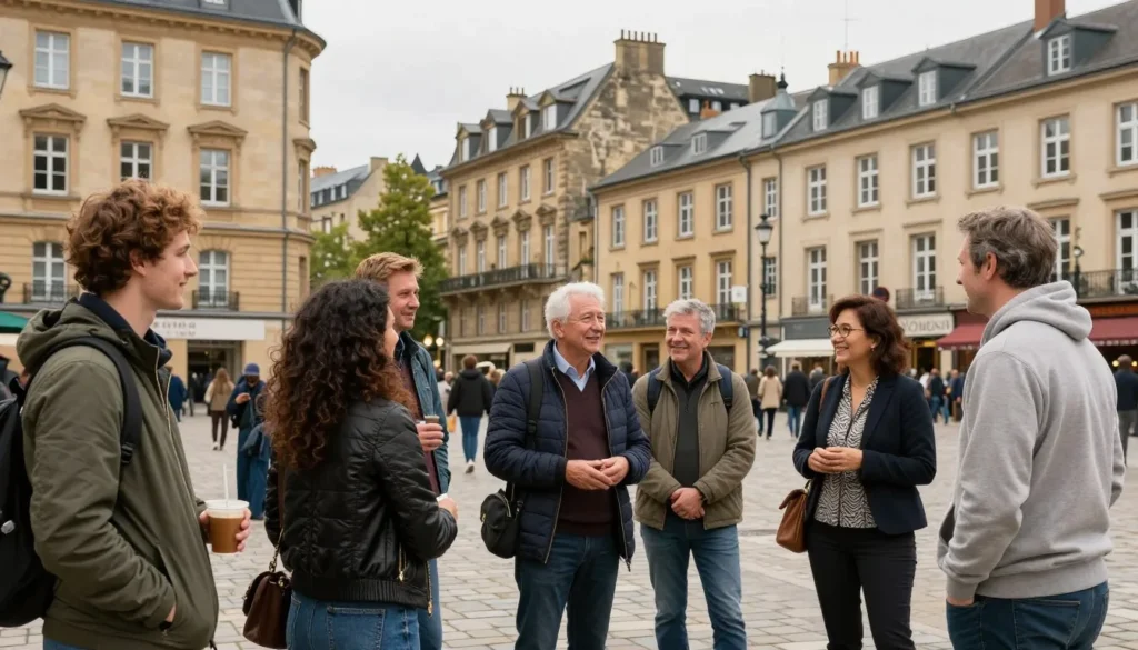 Diverse group of tourists and locals interacting respectfully in Luxembourg City square