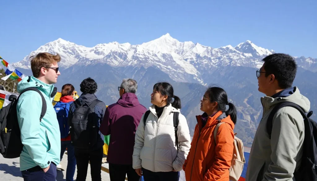 Diverse group of tourists enjoying clear mountain views in Gangtok during pleasant weather