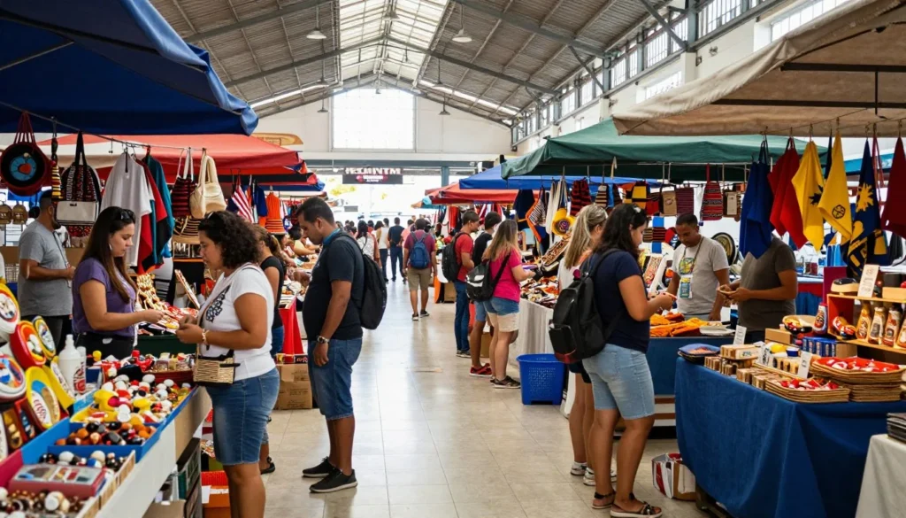 Diverse group of tourists exploring Mercado Central market stalls