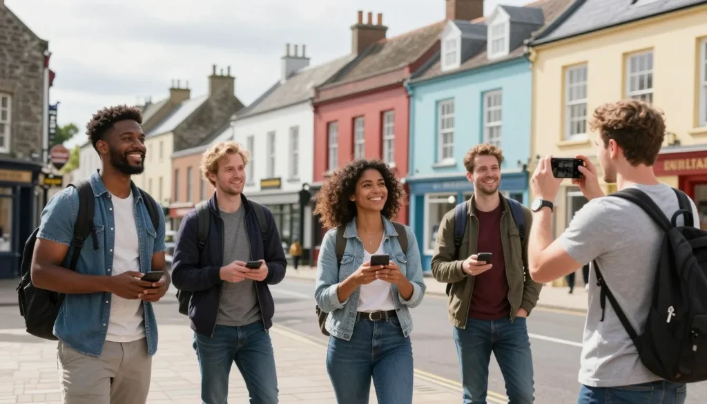 Diverse group of tourists smiling while exploring Waterford Viking Triangle historic quarter