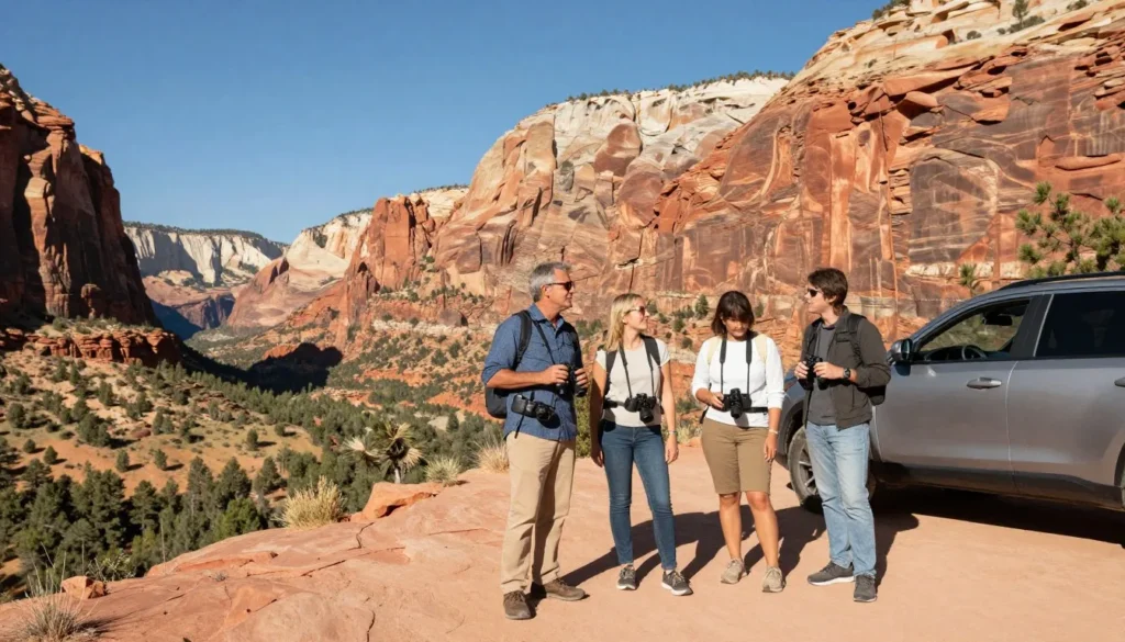 Diverse group of travelers on scenic overlook viewing Unaweep Canyon landscape Diverse group of travelers on scenic overlook viewing Unaweep Canyon landscape