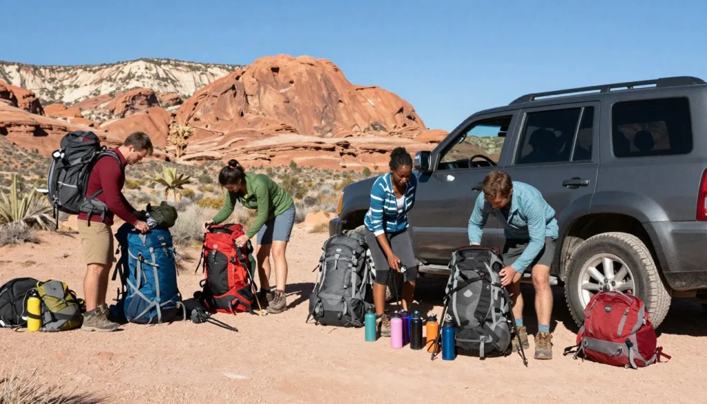 Diverse group of travelers preparing hiking gear near their vehicle with plateau vista Diverse group of travelers preparing hiking gear near their vehicle with plateau vista