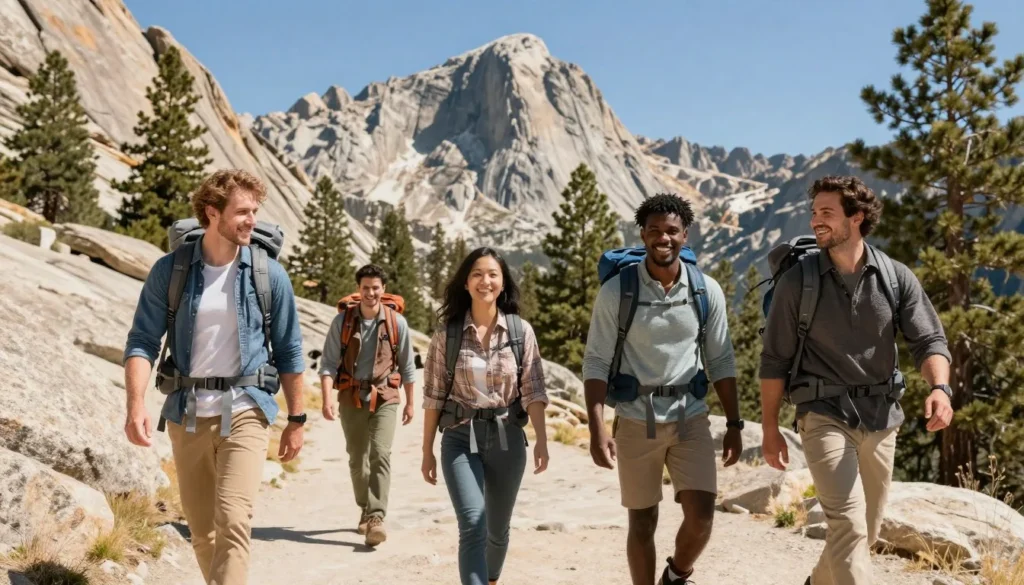 Diverse group of travelers with backpacks walking on mountain trail in Sierra Nevada with granite formations in background Diverse group of travelers with backpacks walking on mountain trail in Sierra Nevada with granite formations in background