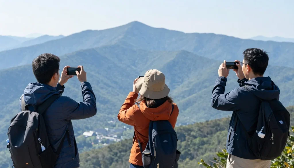 Diverse group of visitors enjoying scenic view in Great Smoky Mountains Diverse group of visitors enjoying scenic view in Great Smoky Mountains