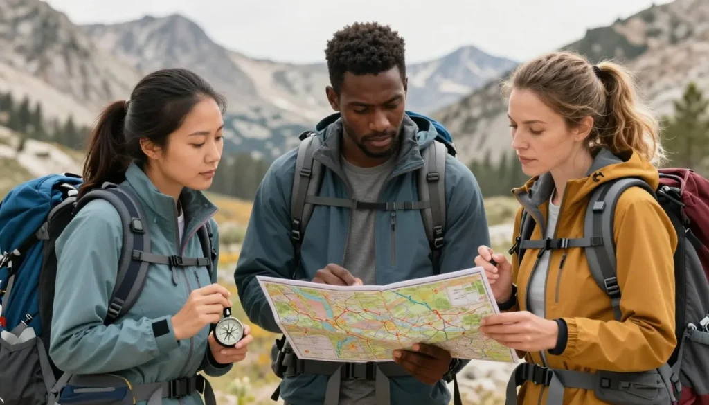 Diverse hikers checking trail map and compass in Sierra Nevada wilderness setting Diverse hikers checking trail map and compass in Sierra Nevada wilderness setting