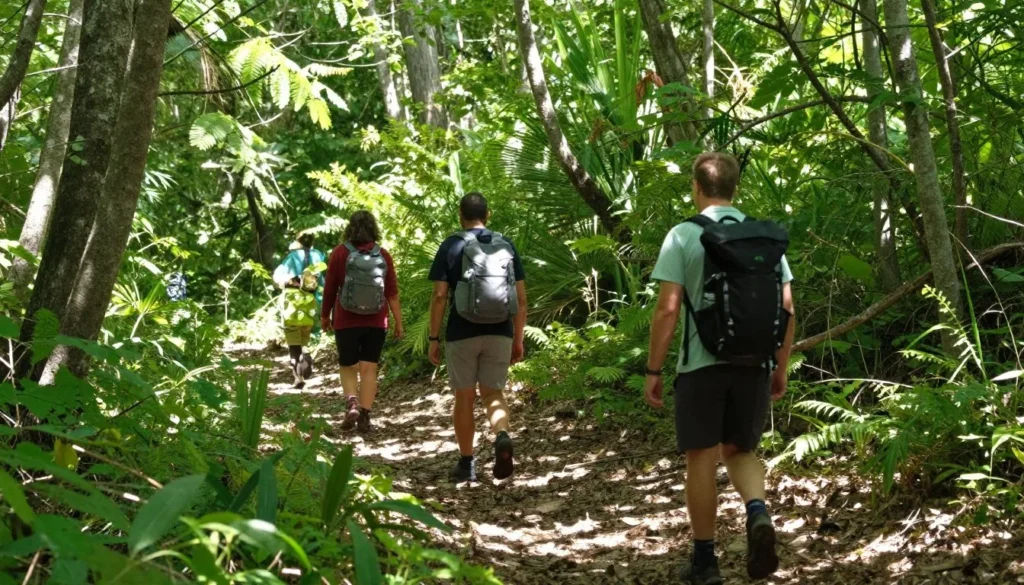 Diverse hikers on forest trail through maritime woods Diverse hikers on forest trail through maritime woods