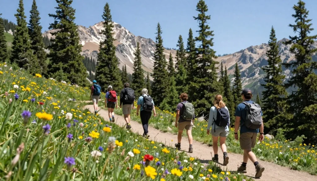 Diverse hikers on mountain trail near Strawberry Park Hot Springs with wildflowers and pine trees Diverse hikers on mountain trail near Strawberry Park Hot Springs with wildflowers and pine trees
