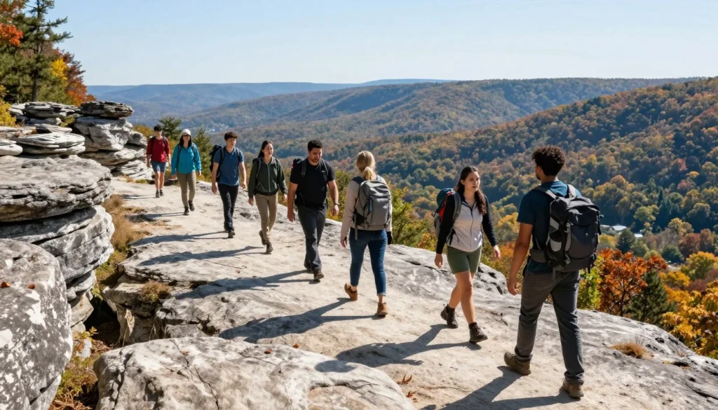 Diverse hikers on scenic bluff trail overlooking Harpeth River Valley Diverse hikers on scenic bluff trail overlooking Harpeth River Valley