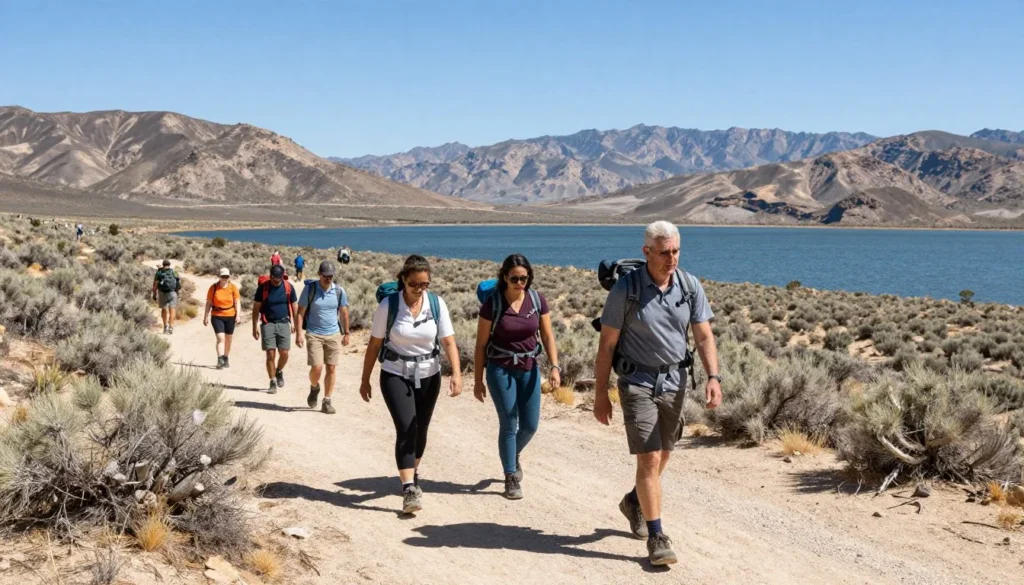 Diverse hikers on trail near Rye Patch Reservoir