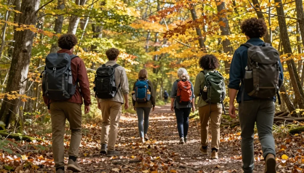 Diverse hikers walking through colorful autumn forest trail Diverse hikers walking through colorful autumn forest trail