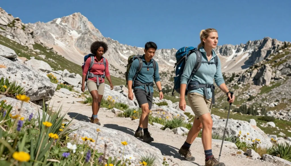 Diverse hikers with backpacks ascending granite trail in Sierra Nevada high country Diverse hikers with backpacks ascending granite trail in Sierra Nevada high country