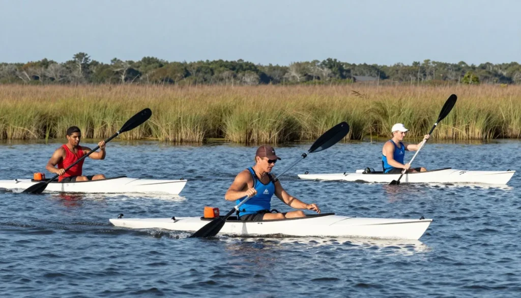 Diverse kayakers paddling on calm Currituck Sound waters with marsh in background Diverse kayakers paddling on calm Currituck Sound waters with marsh in background
