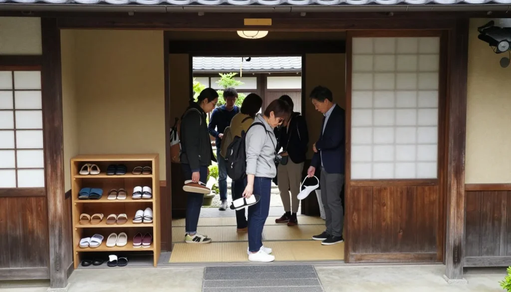 Diverse tourists removing shoes at traditional Japanese building entrance Diverse tourists removing shoes at traditional Japanese building entrance