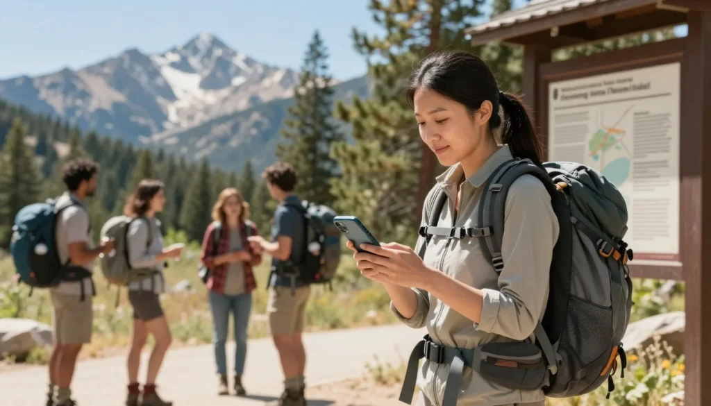 Diverse traveler checking smartphone with map while standing at Sierra Nevada trailhead Diverse traveler checking smartphone with map while standing at Sierra Nevada trailhead