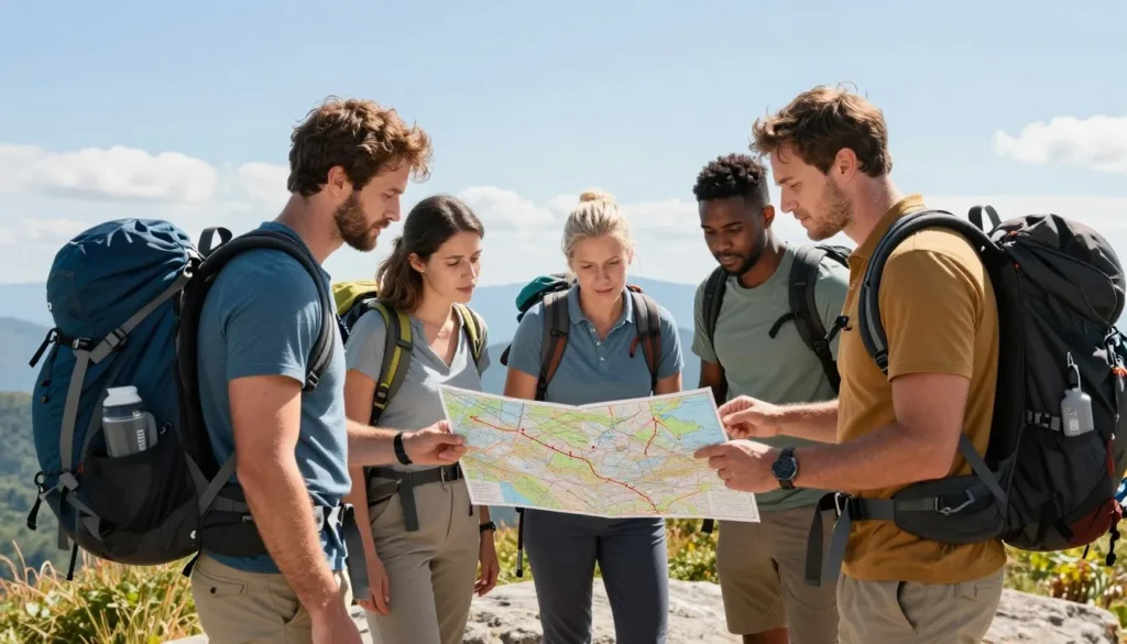 Diverse travelers consulting map at scenic overlook Diverse travelers consulting map at scenic overlook