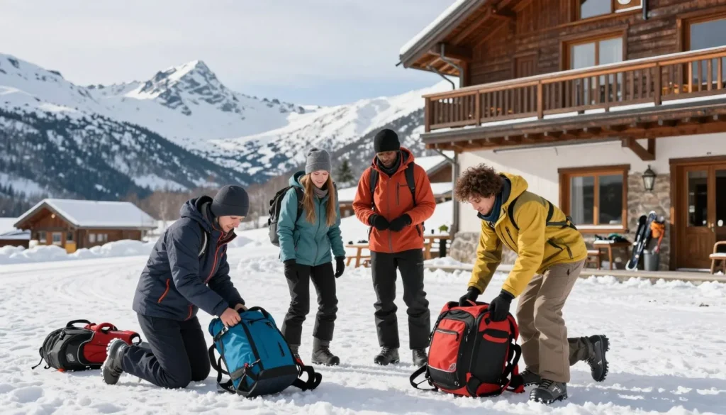 Diverse travelers preparing ski equipment outside Nordic Valley lodge on sunny day