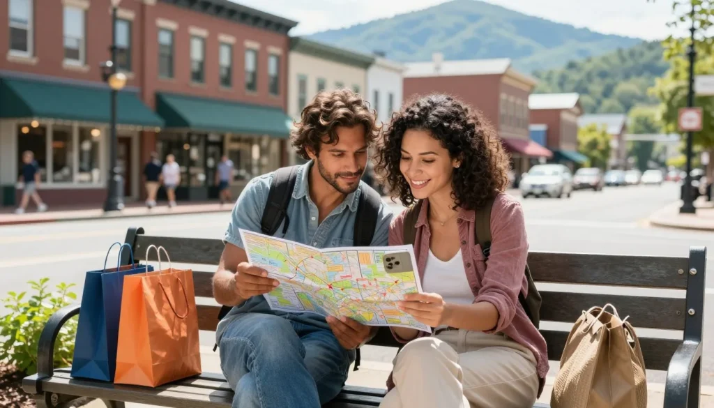 Diverse travelers reviewing map and planning activities in downtown Bryson City Diverse travelers reviewing map and planning activities in downtown Bryson City
