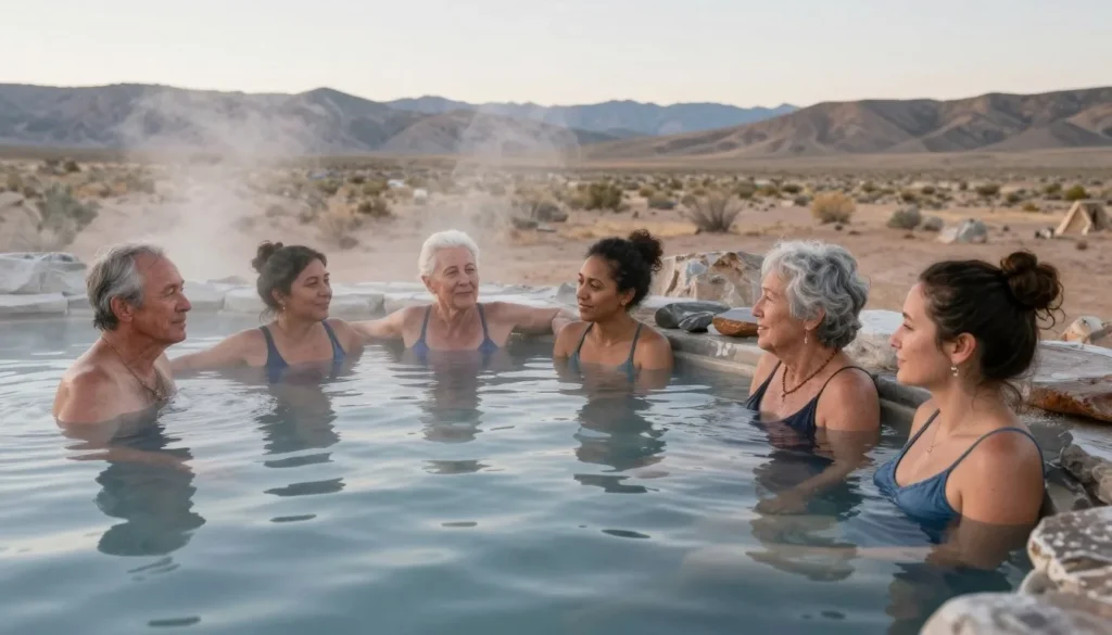 Diverse visitors enjoying hot springs pools Diverse visitors enjoying hot springs pools