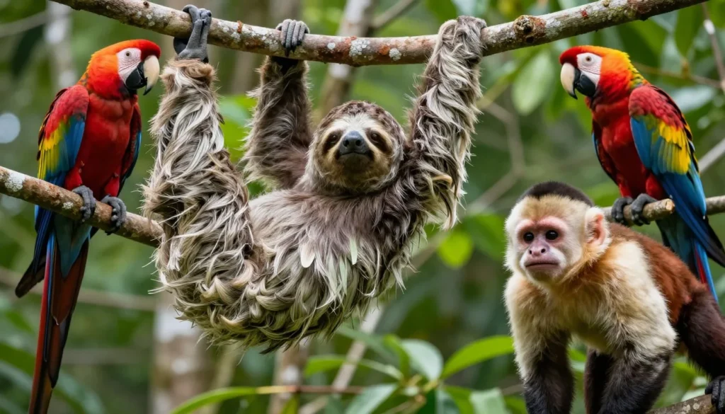 Diverse wildlife including monkeys, sloths, and birds in Tortuguero