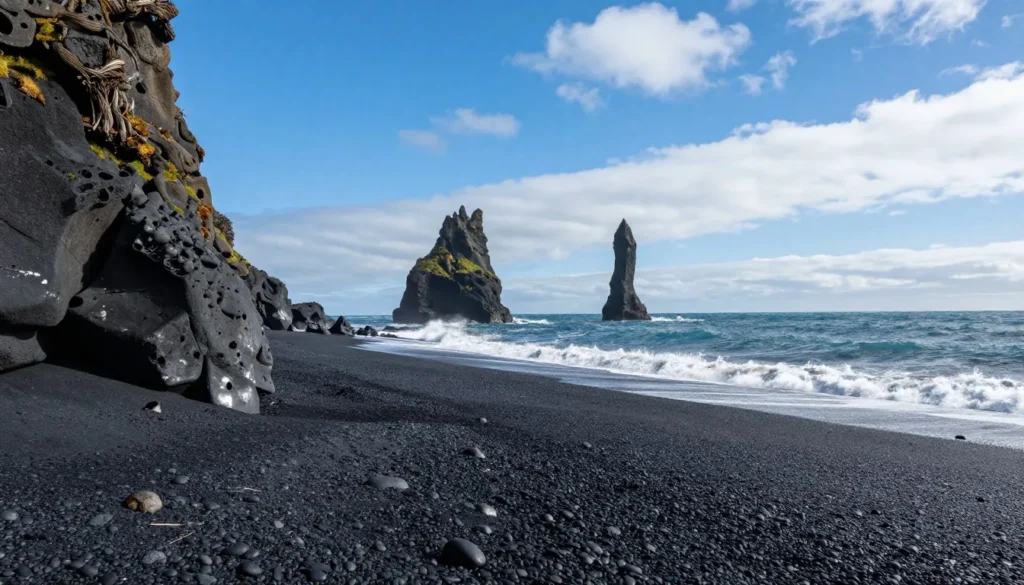 Djupalonssandur black pebble beach with dramatic lava rock formations and Atlantic Ocean waves