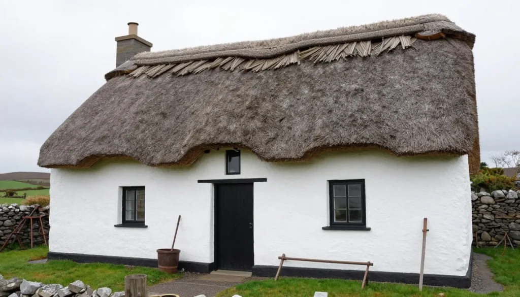 Doagh Famine Village historical thatched cottage with traditional Irish rural setting