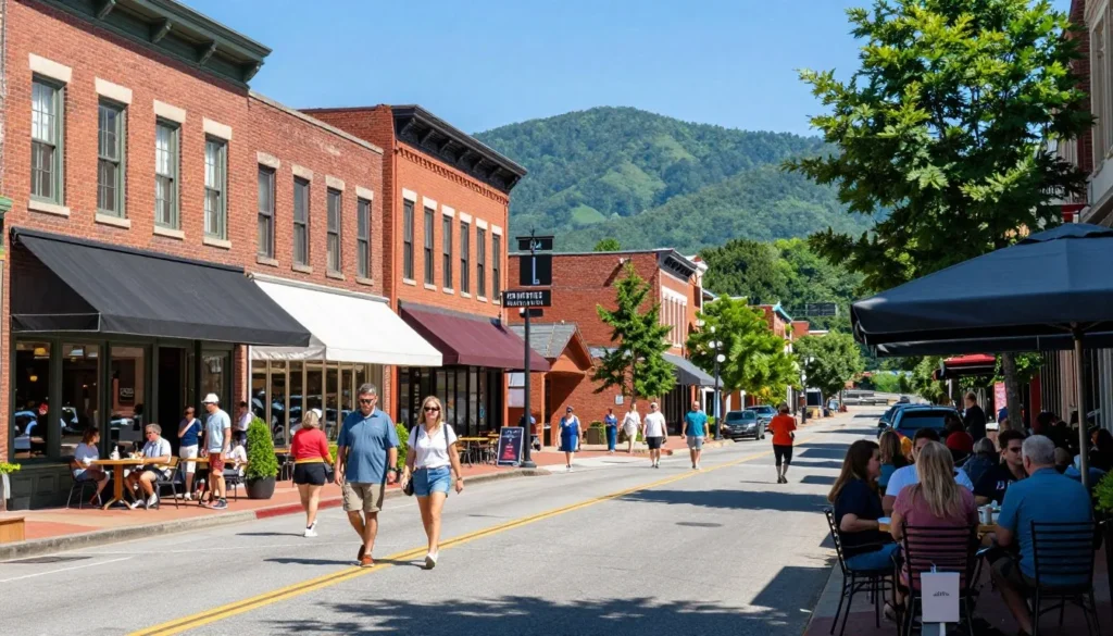 Downtown Asheville North Carolina street scene with mountain backdrop and historic architecture Downtown Asheville North Carolina street scene with mountain backdrop and historic architecture