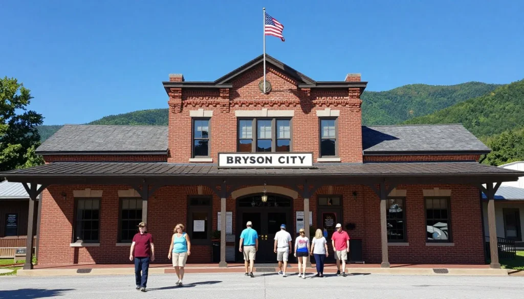Downtown Bryson City depot building with mountain backdrop Downtown Bryson City depot building with mountain backdrop