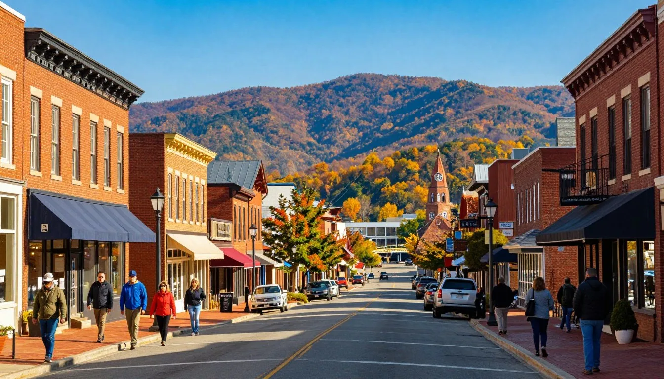 Downtown Kingsport Tennessee historic district with brick buildings and mountain backdrop