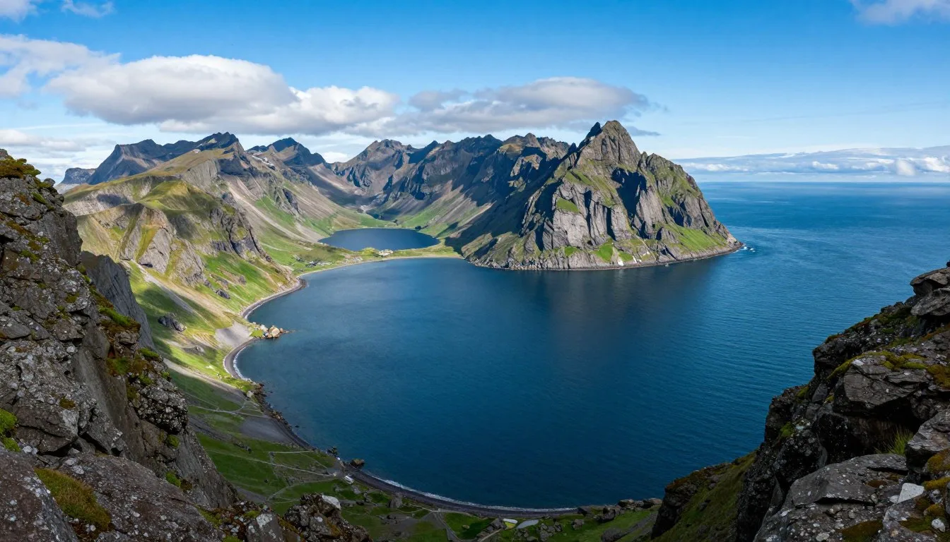 Dramatic cliffs and fjords of the Westfjords Iceland coastline under clear blue skies