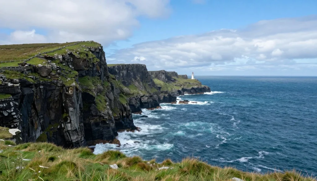 Dramatic coastal cliffs at Old Head of Kinsale with lighthouse and ocean views
