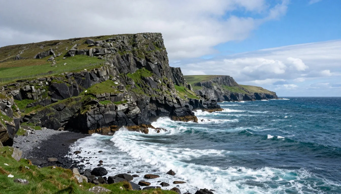 Dramatic coastal cliffs of Dingle Peninsula Ireland meeting the Atlantic Ocean under blue skies