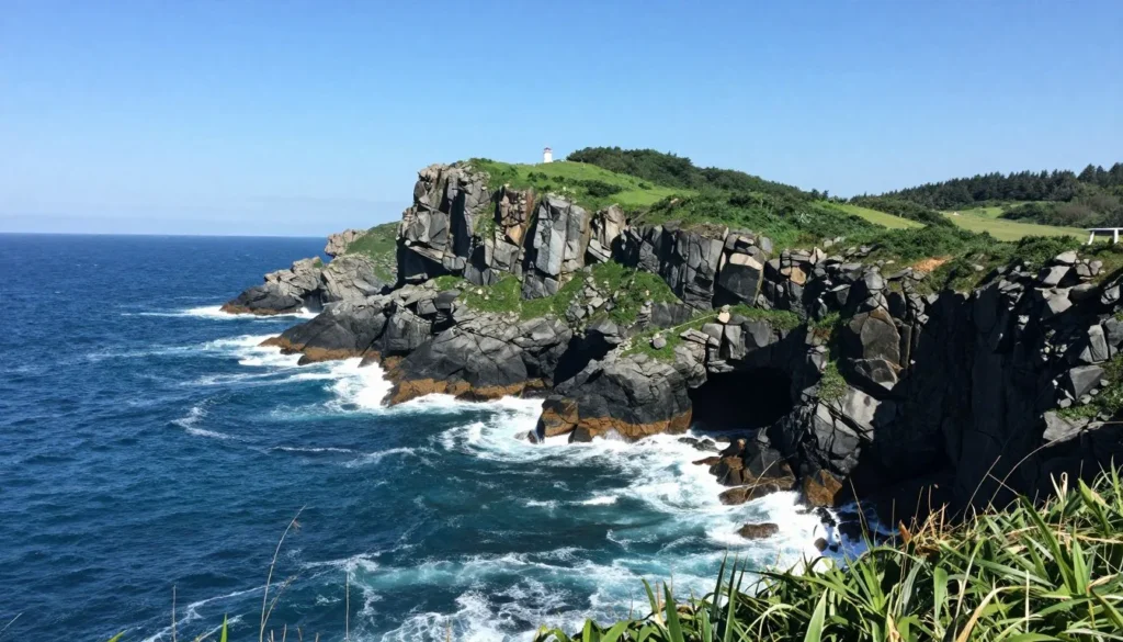 Dramatic coastal cliffs of Oga Peninsula with waves crashing below