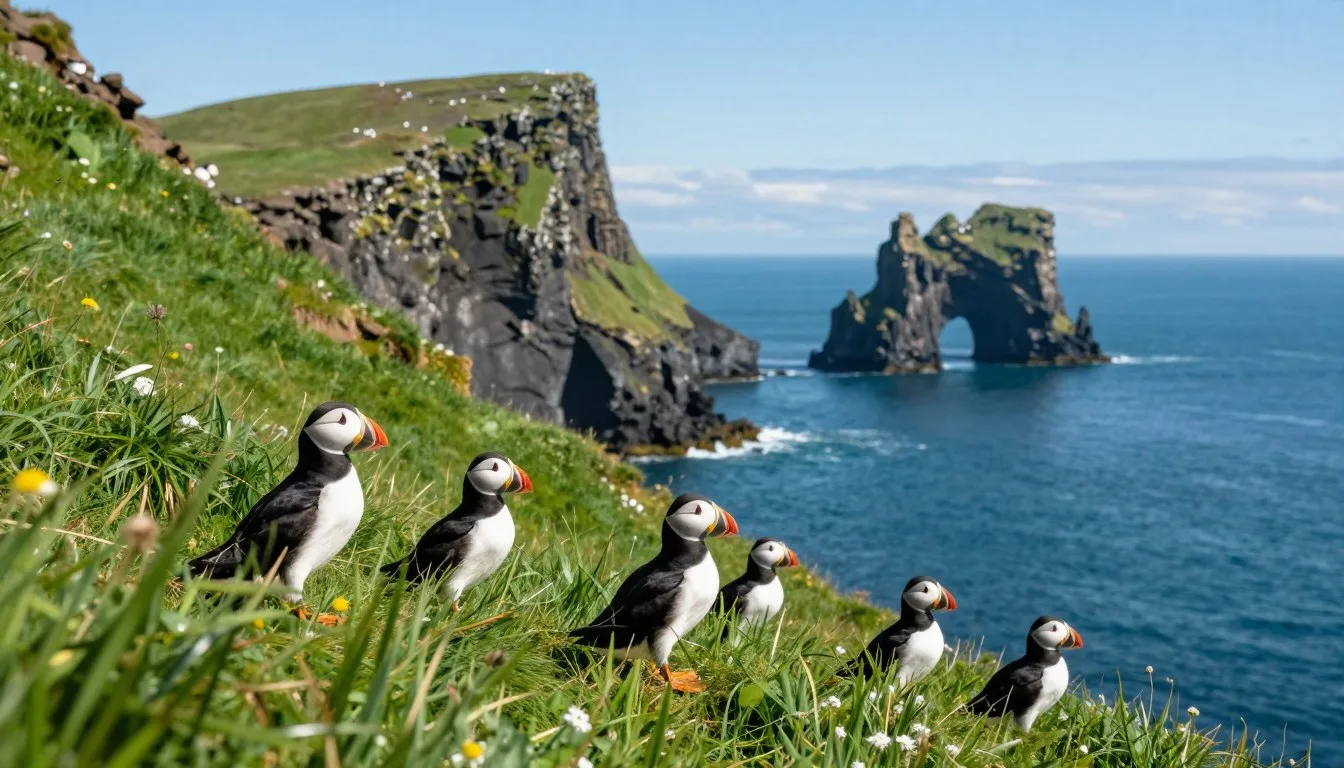 Dramatic coastal cliffs of Westman Islands with colorful puffins nesting on green slopes overlooking the North Atlantic Ocean