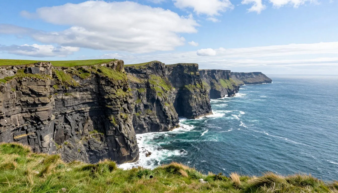 Dramatic coastal view of the Cliffs of Moher rising from the Atlantic Ocean on a clear day