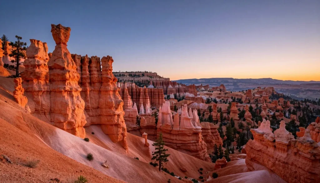 Dramatic hoodoo rock formations at sunrise with vibrant colors Dramatic hoodoo rock formations at sunrise with vibrant colors