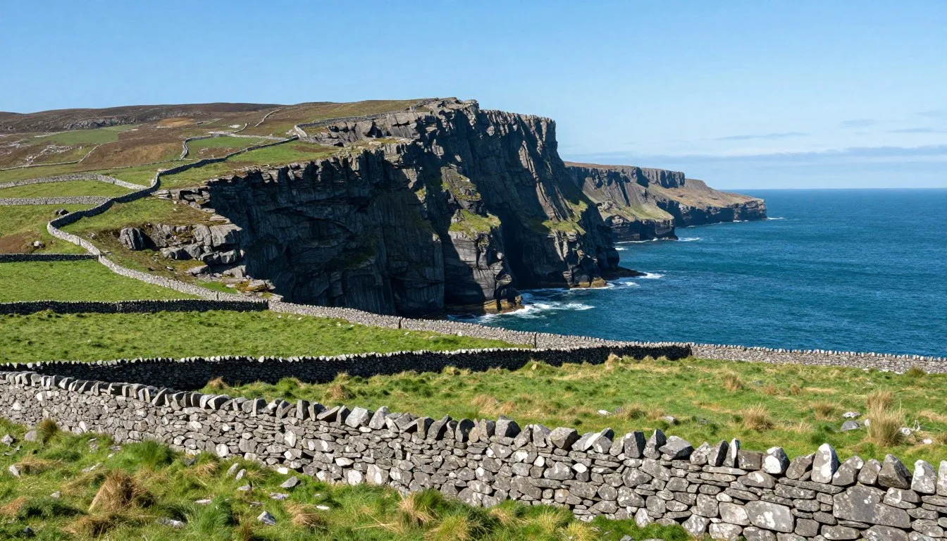 Dramatic limestone cliffs and stone walls of Inis Mór with Atlantic Ocean waves crashing against rocky coastline under blue sky