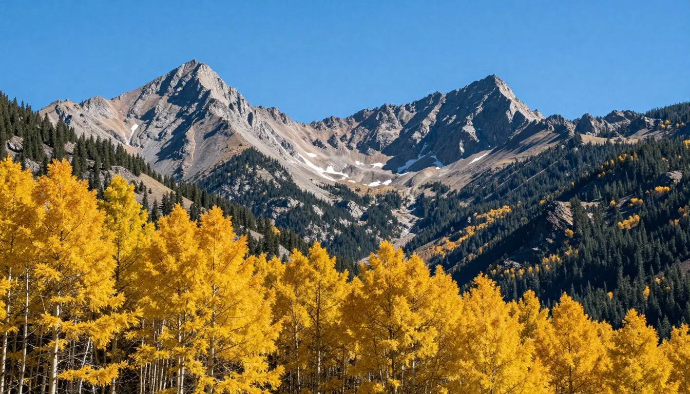 Dramatic mountain peaks of Uncompahgre National Forest with autumn aspen groves in golden color