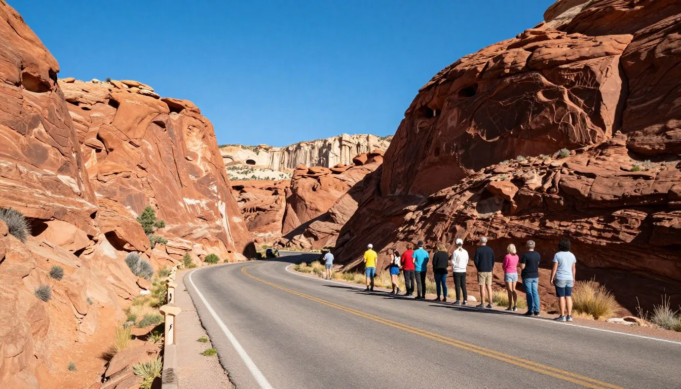 Dramatic red rock canyon walls of UnaweepTabeguache Scenic Byway with winding road through Unaweep Canyon