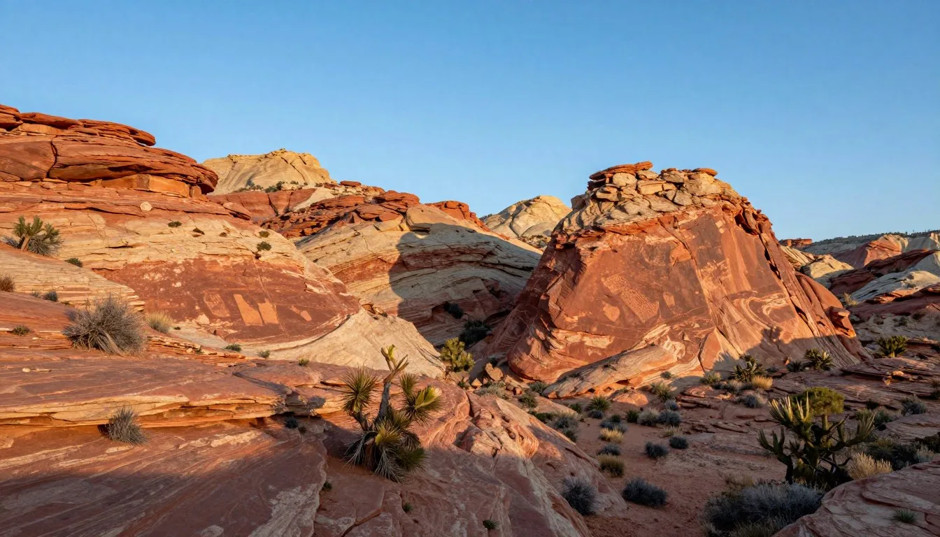 Dramatic red rock formations and desert landscape at Sloan Canyon National Conservation Area with ancient petroglyphs visible on canyon walls