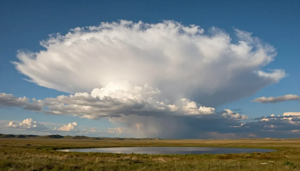 Dramatic sky with building cumulus clouds over St Vrain State Park grassland and water Dramatic sky with building cumulus clouds over St Vrain State Park grassland and water